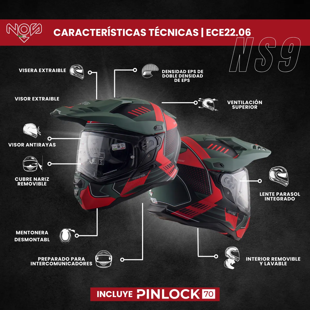 CASCO NOS MODELO NS9 - DUAL SPORT - MIRAGE BLACK BRILLANTE - ECE 22.06 CASCO NOS MODELO NS9 - DUAL SPORT - MIRAGE BLACK BRILLANTE - ECE 22.06 - Imagen 7