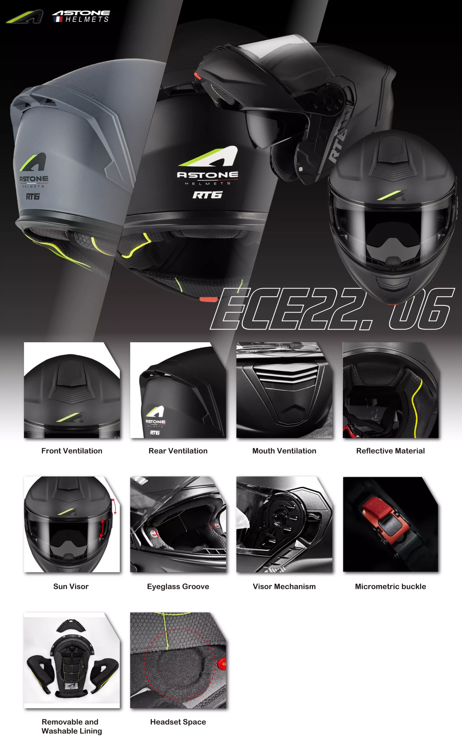 CASCO ASTONE REBATIBLE- RT6 DESMO MATT BLACK/GREY - ECE 22.06 CASCO ASTONE REBATIBLE- RT6 DESMO MATT BLACK/GREY - ECE 22.06 - Imagen 7